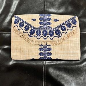Stella & Dot Tan and Navy Patterned Clutch